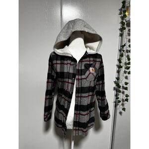 Carhartt Kids Plaid Flannel Hooded Button-Up Shirt Gray Black Red Casual LG 1416